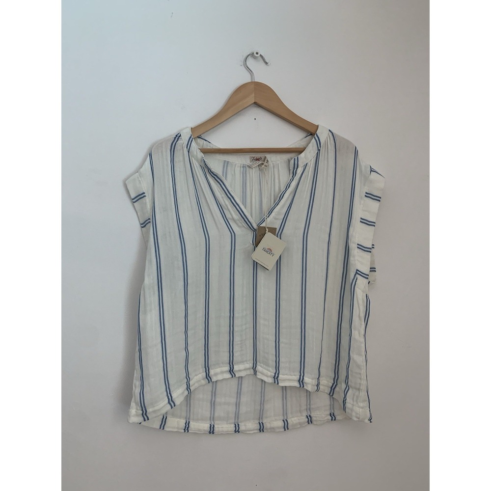 FAHERTY NWT $98 Dream OrganicCotton Gauze Dylan Top Bay Stripe Sz XL Blue White